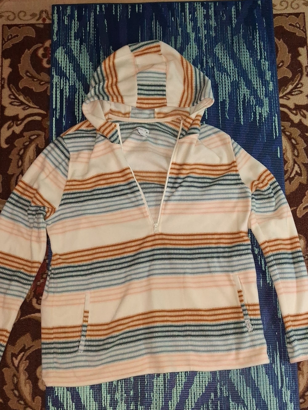 O'Neill Striped Half-Zip Hooded Sweater in Cream, Blue & Brown, Large NWOT
